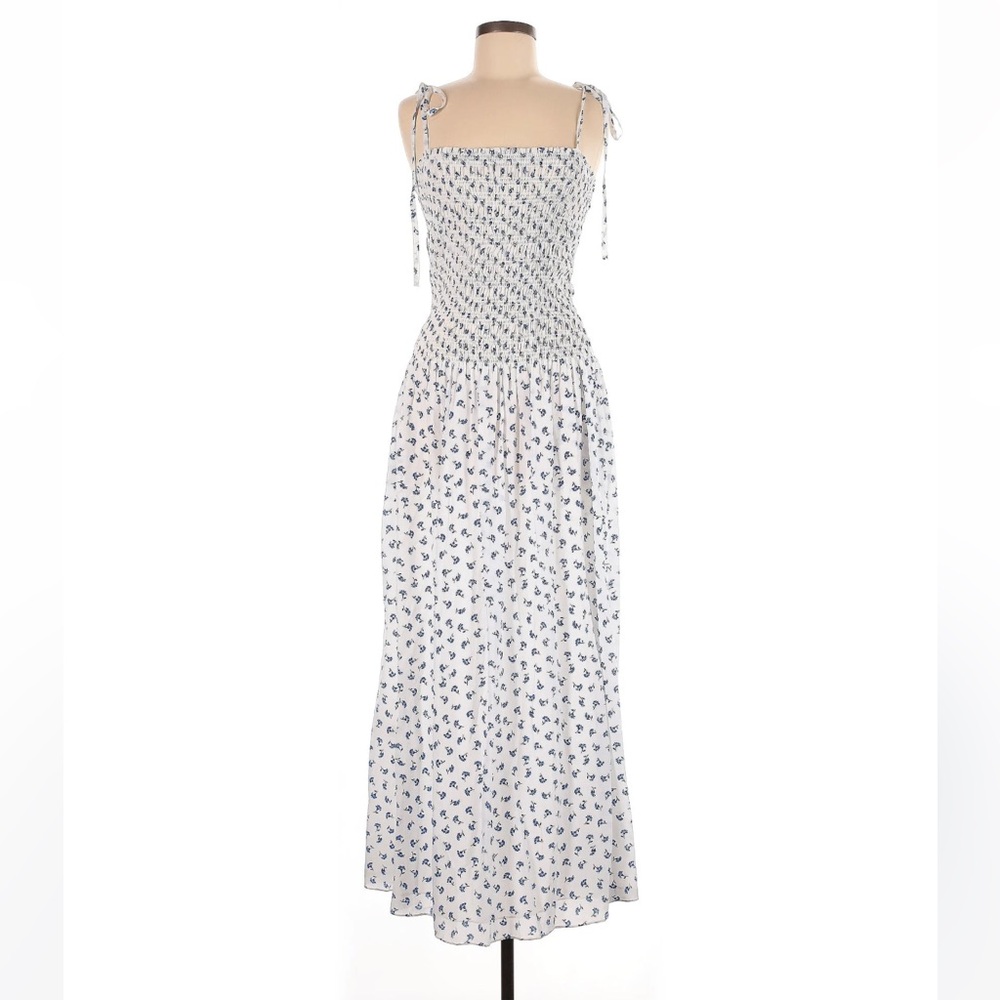 Silk Rebecca Taylor White and Blue Floral drop waist Maxi Dress